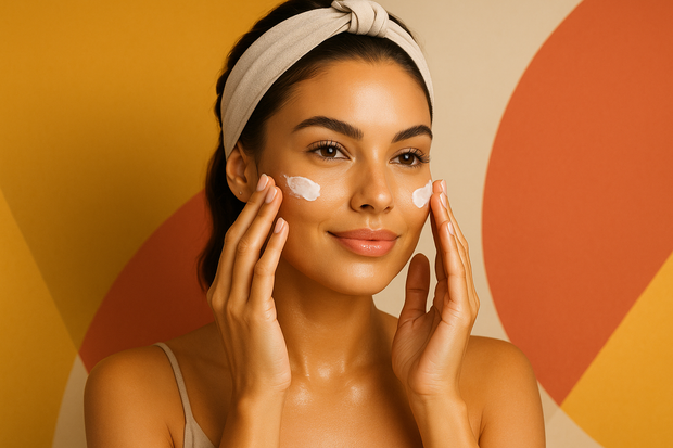 es una tienda online de venta de cremas dermatológicas  donde una mujer se ve atractiva, radiante, y moderna  en el fondo usar los colores de mi marca Color primario # f2bd3d, colores secundarios # e0514b y # f2eadf no mostrar las cremas ni la marca de ellas, solo que la mujer este aplicandose una crema en el rostro y tenga una vincha de cabello