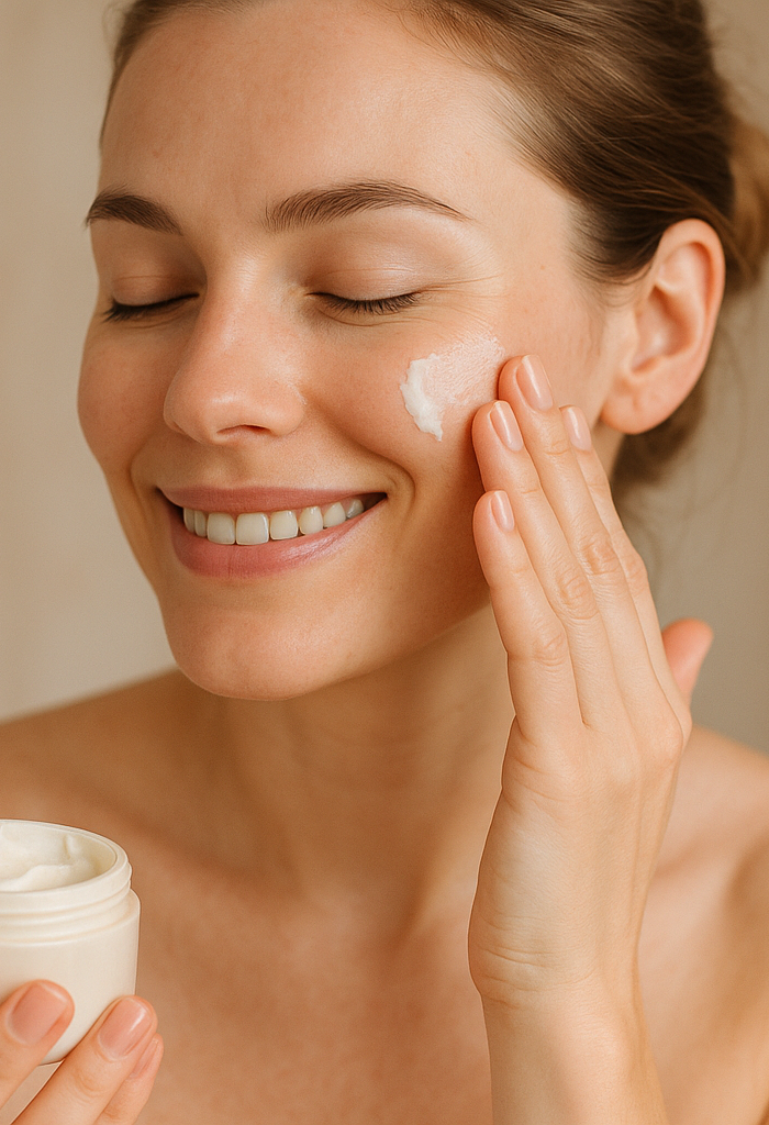 generame un video con una mujer que se vea real al 100% y ella este aplicandose crema a su rostro, los colores deben ser suaves y la chica debe estar contenta