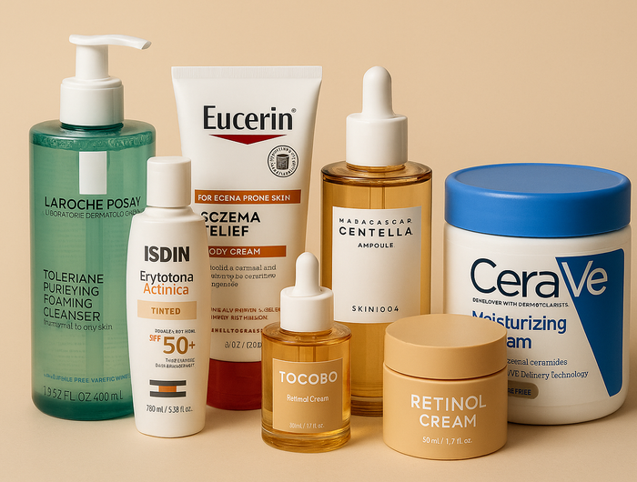 productos de la roche posay, isdin, eucerin, skin1004, Tocobo, Cera V, Todo junto con fondo # f2eadf que se vea lo más real posible